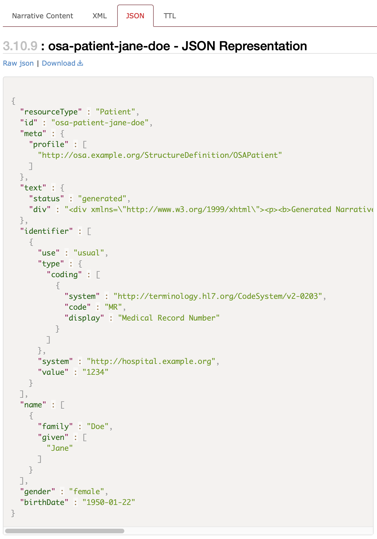 Screenshot of example patient JSON in IG Publisher output