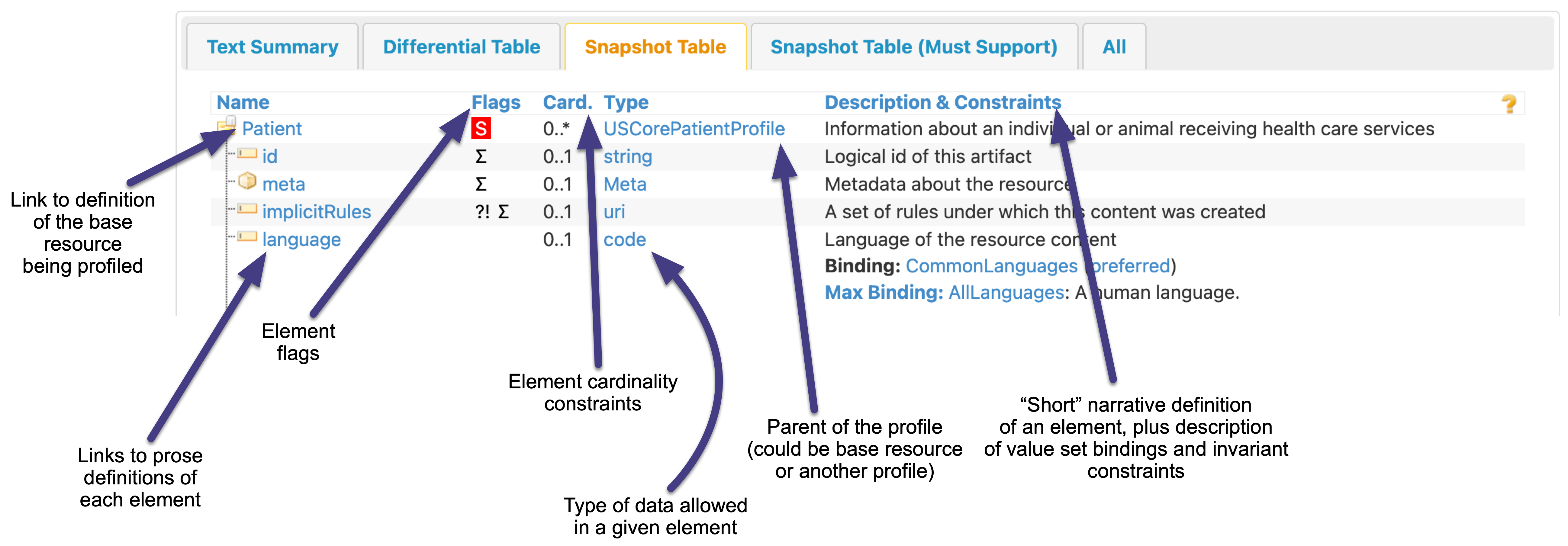 Annotated screenshot of the snapshot table from the example profile